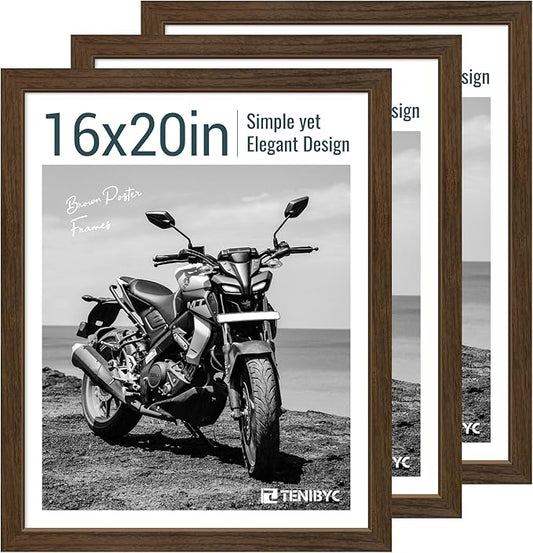 16x20 Picture Frame Set of 3 - Brown Woodgrain, Wood Poster Frame, HD Tempered Glass, Wall Gallery Hanging-CasaMuseHome