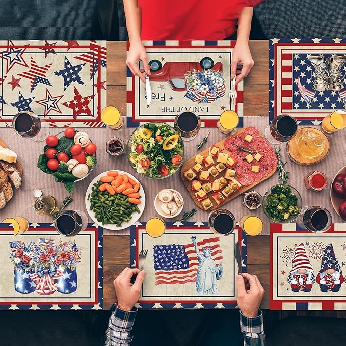 4th of July Placemats Set of 6 Patriotic Plastic Table Mats Independence Memorial Day Vintage America Flag Stars Stripe Place Mats Vinyl Table Decoration for Indoor Outdoor Party Kitchen Dining-CasaMuseHome