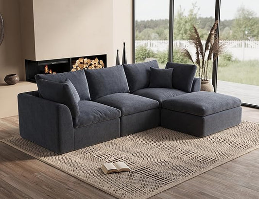 110 Inch Cloud Sectional Couches for Living Room, Convertible L Shaped Couch with Ottoman, 3 Seater Modular Sectional Sofa, Grey-CasaMuseHome