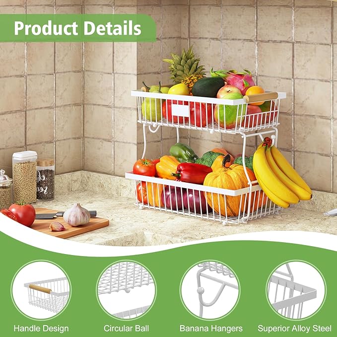 2 Tier Fruit Basket for Kitchen Counter with 2 Banana Hangers, Countertop Metal Fruit Bowl with Wooden Handle, Large Storage Stand for Vegetables, Snacks, Breads, Produce Storage – White-CasaMuseHome