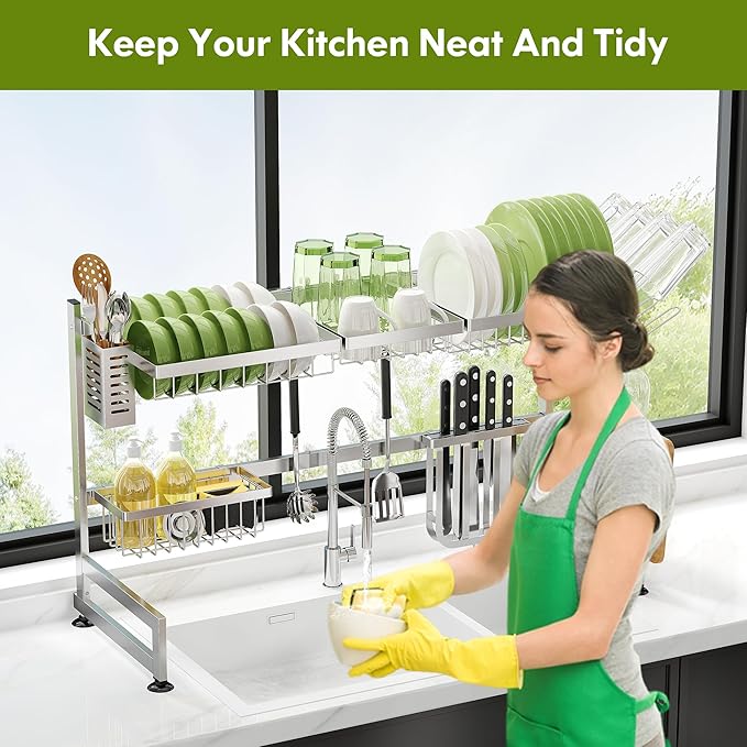 2 Tier Extra Large Stainless Steel Expandable Over The Sink Dish Drainer Drying Rack, Rust Proof Metal, Space Saving, Modern Silver Big Capacity Extendable Plate Strainers Above Kitchen Counter-CasaMuseHome