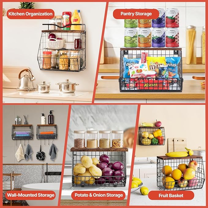 2 Pack Fruit Bowl Hanging Fruit Basket for Kitchen Counter ,Stackable Wire Baskets for Onion Storage and Potato Storage with Wood Lid,Vegetable Fruit Basket with Banana Hooks-CasaMuseHome