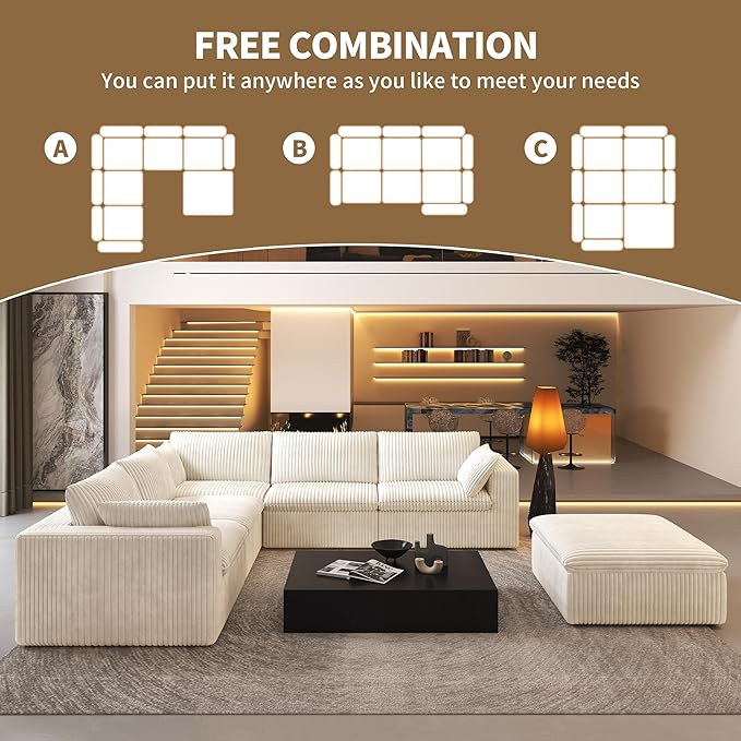 118" 6-Seater Cloud Sofa,Modular Sectional Couch with Ottoman,Modern Deep Seat Upholstered Couches with Plush Corduroy Fabric for Living Room Furniture,Bedroom and Apartment,No Assembly Required,White-CasaMuseHome