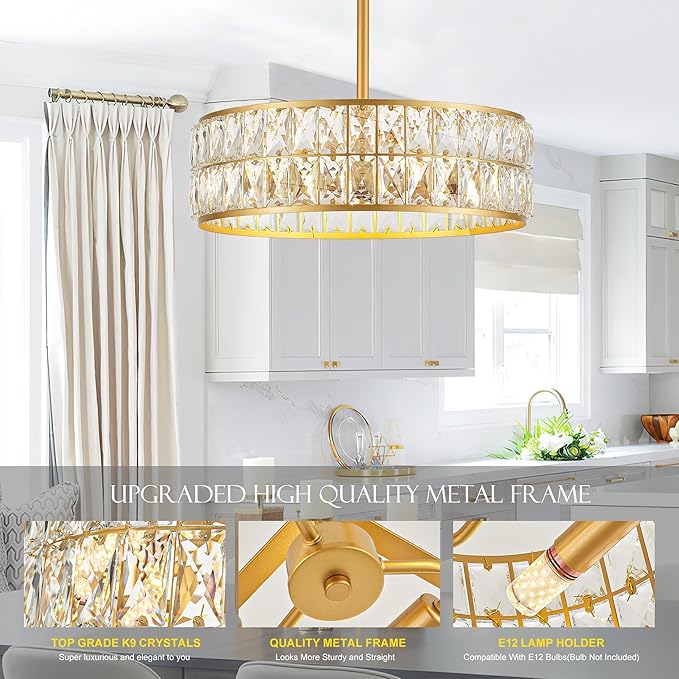 16” 4-Light Modern Crystal Chandeliers Gold Dinning Room Light Fixture, Round Pendant Light Kitchen Island Chandelier, Flush Mount Ceiling Light for Living Room Entryway Bedroom Foyer-CasaMuseHome