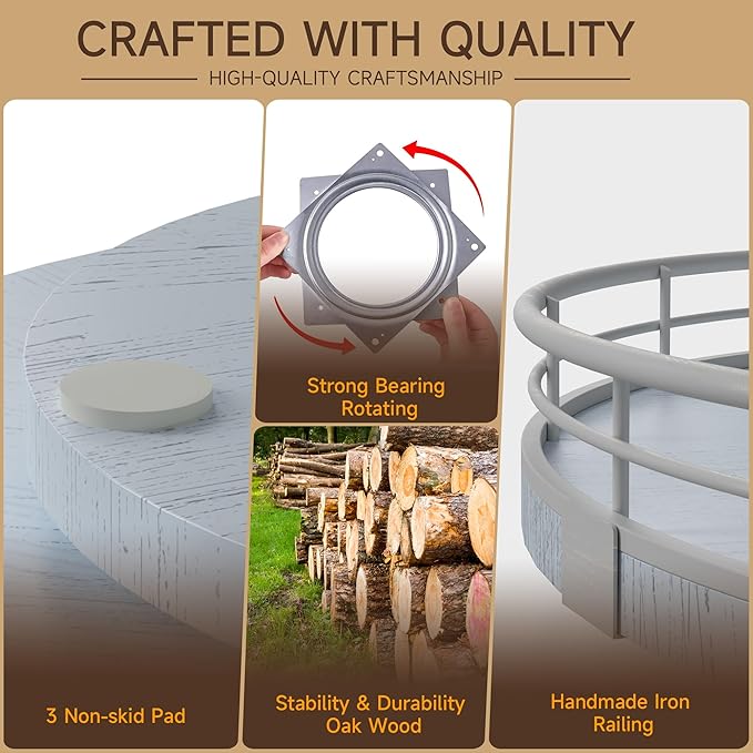 13" Oak Bathroom Vanity Tray Turntable for Perfume Candle, Round Wooden Decorative Tray for Kitchen Sink Countertop Organizer, Bathroom Counter Organizer for Skincare Makeup, Rustic White-CasaMuseHome