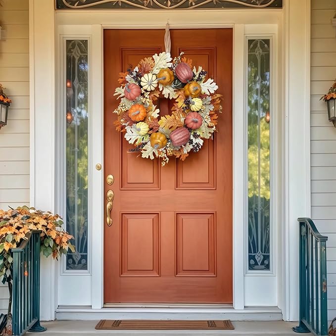 24 inch Fall Wreaths for Front Door Outside Autumn Wreath Fall Decorations for Home Decor Pumpkin Wreath for Farmhouse Holiday Thanksgiving Harvest Halloween Outdoor Indoors Fall Front Porch-CasaMuseHome