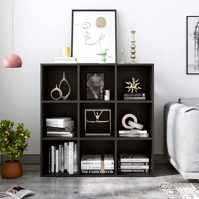 9-Cube Storage Shelf Bookcase - Wooden 3-Tier Free Standing Open Bookshelf for Home and Office, Organizer Cabinet in Black-CasaMuseHome