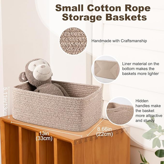 3 Pack Small Storage Baskets for Organizing, Cute Woven Decorative Gift Baskets for Shelves, Mini Closet Organizer Bins with Handles-13''Lx8.66''Wx5.11''H-Brown-CasaMuseHome