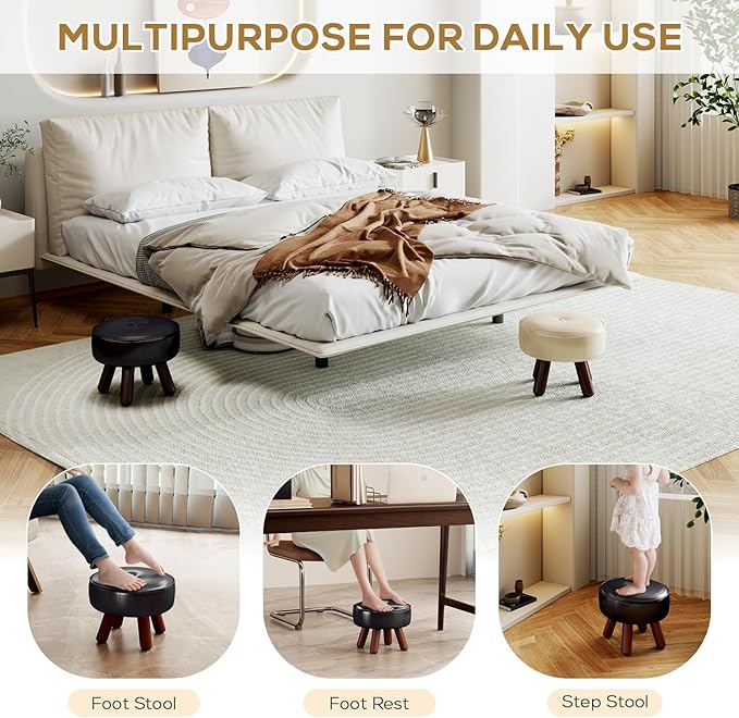 13in Small Foot Stool Ottoman, Round Faux Leather Foot Rest, Footstool Ottomans with Rubber Legs Under Desk, Footrest for Couch, Living Room, Bedroom, Office, 13''L x 13''W x 10.2''H, Black-CasaMuseHome