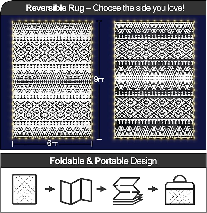 6x9ft Waterproof Outdoor Rug with LED Lights, Bohemia Reversible Plastic Straw Mat for Patio RV Camping Picnic Balcony Beach Deck Indoor Outdoor Carpet, Black&White-CasaMuseHome