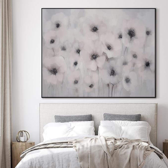 36"x46" Extra Large Framed Wall Art Soft White Poppies Watercolor Floral, Delicate Botanical for Home Living Room Bedroom Decor (Frame Assembly Required)-CasaMuseHome