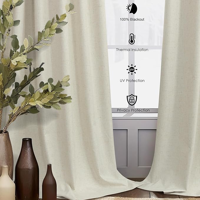 100 Inch Length Custom Summer Curtains for Windows Living Room Viral Back Tab Pleated Extreme Blackout Curtain Linen Designer Drapes for Sliding Glass Doors Patio 52 Wide x 100 Long Tall 2 Panel Beige-CasaMuseHome