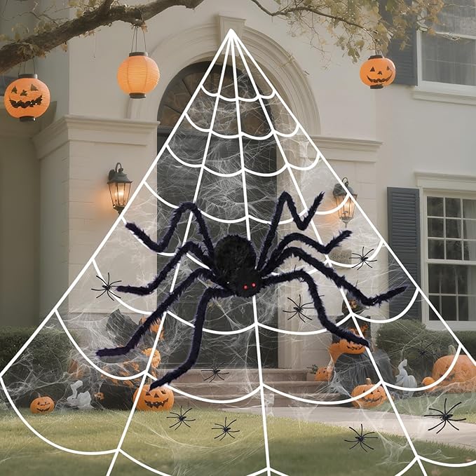 16.4 X 15.8Ft Giant Spider Web Halloween Decorations with 250 LED Lights, Halloween Spider Web Outdoor with 5Ft Large Spider, 3.53 Oz Stretch Web and 20 Small Spiders for Yard House Party Decoration-CasaMuseHome