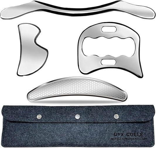 4 in 1 Muscle Scraper Stainless Steel Gua Sha Massage Tool Set with Bag,IASTM Scraping Tools for Muscle Treatment-CasaMuseHome