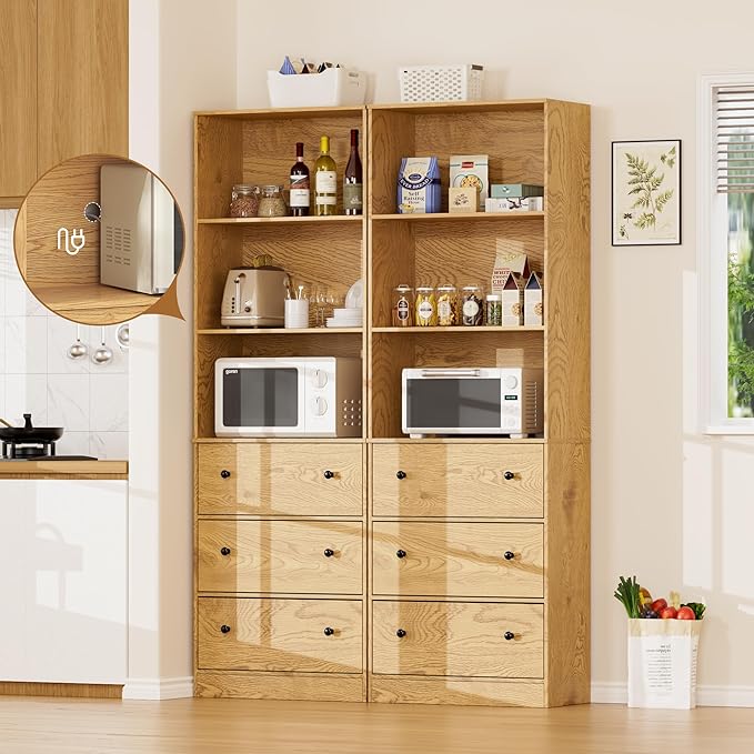 71" Tall Bookshelves Set of 2, Bookcases with Drawers, Bookshelves with Storage, Wooden Bookshelf with 3 Drawers & 3-Tier Open Shelves,Home Decor Furniture for Living Room,Bedroom,Home,Natural-CasaMuseHome