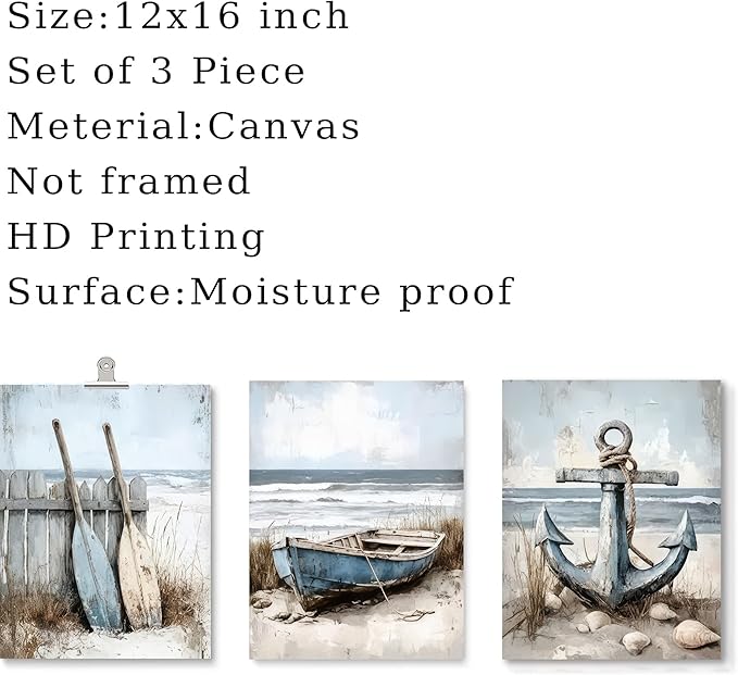 3Pcs Nautical Beach Wall Art Sailboat Paddle and Anchor Paintings Pictures Wall Decor Nautical Coastal Posters Prints Artwork for Living Room Bedroom Home Office Corridor Home Decroation Unframed-CasaMuseHome