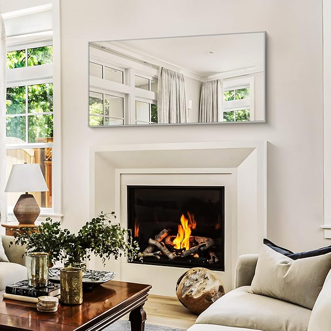 48x24In Silver Bathroom Mirror for Wall, Brushed Nickel Rectangle Mirrors with Metal Frame, Bathroom Rectangular Mirror Modern Wall Mirror for Bedroom Living Room, Hangs Horizontal or Vertical-CasaMuseHome