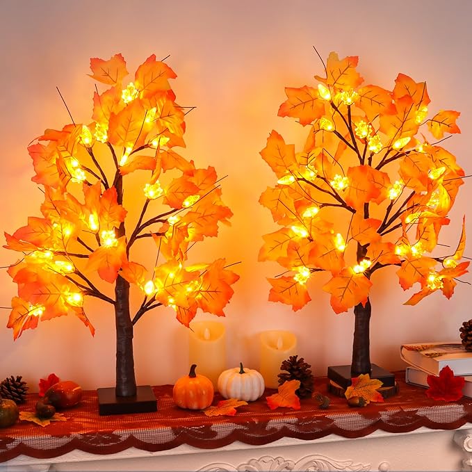 2 Pack 24 Inch Prelit Fall Maple Tree Fall Decor with 48 LEDs Timer Battery Operated Artificial Fall Light Up Tree Maple Acorn for Fall Thanksgiving Decorations Table Home Office Indoor Autumn Harvest-CasaMuseHome