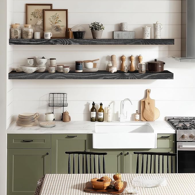 36"x6.8"x1.2" Solid Wood Floating Shelves 2-Pack - Rustic Black Finish with Hidden Brackets, Perfect for Storage and Décor in Living Room, Kitchen, Bedroom-CasaMuseHome