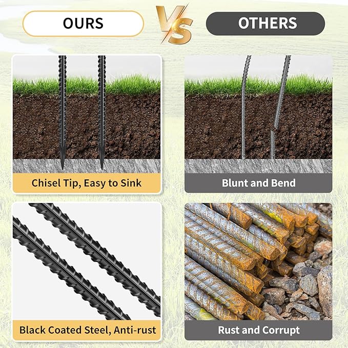 24 Inches Straight Rebar Stakes(20-Pack), 1/2" Diameter Steel Metal Stakes for Garden with Chisel Point End Heavy Duty Ground Anchors for Landscape, Concrete Form, Camping & Trapping Black-CasaMuseHome