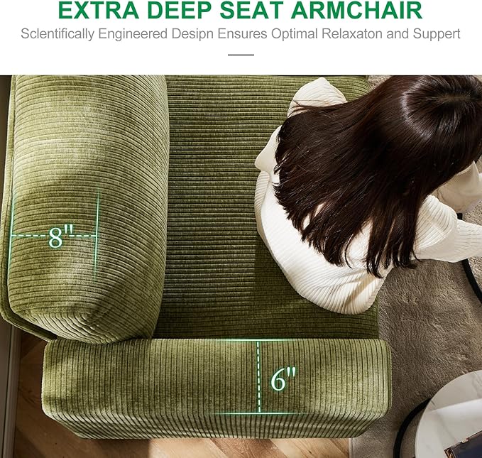 38.5 Oversized Accent Chair with Storage Green Corduroy, Single Modern Accent Sofa Chair with Arms for Apartment Living Room (21" Deep Seat)-CasaMuseHome