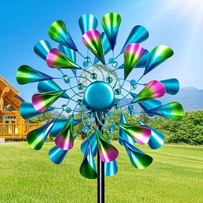 60'' Wind Spinner with Color Glass Ball Solar Lights, Green Peacock Feathers Metal Garden Outdoor Decor Yard Lawn Art Decor for Patio Kinetic Windmills Unique Gifts for Friends and Family-CasaMuseHome