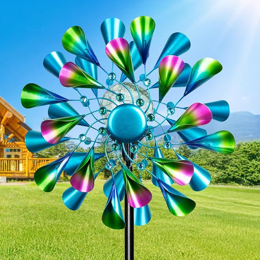 60'' Wind Spinner with Color Glass Ball Solar Lights, Green Peacock Feathers Metal Garden Outdoor Decor Yard Lawn Art Decor for Patio Kinetic Windmills Unique Gifts for Friends and Family-CasaMuseHome