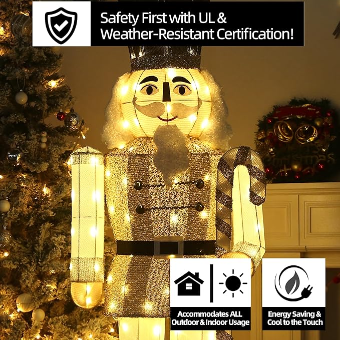 61Inch Nutcracker Christmas Decor Outdoor with LEDs 5 Feet Lighted Large Nutcracker Lighted Christmas Decorations Outdoor with Stakes & Zip Ties for Xmas Yard, Porch, Lawn-CasaMuseHome