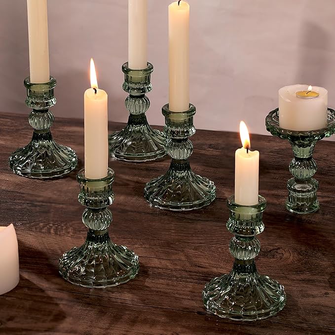 12PCS Green Candlestick Holders Set- 4" H Taper Candle Holders, Glass Candle Holders Bulk for Wedding, Party, Home Table Centerpieces, Festival Gifts & Windowsill Decor-CasaMuseHome