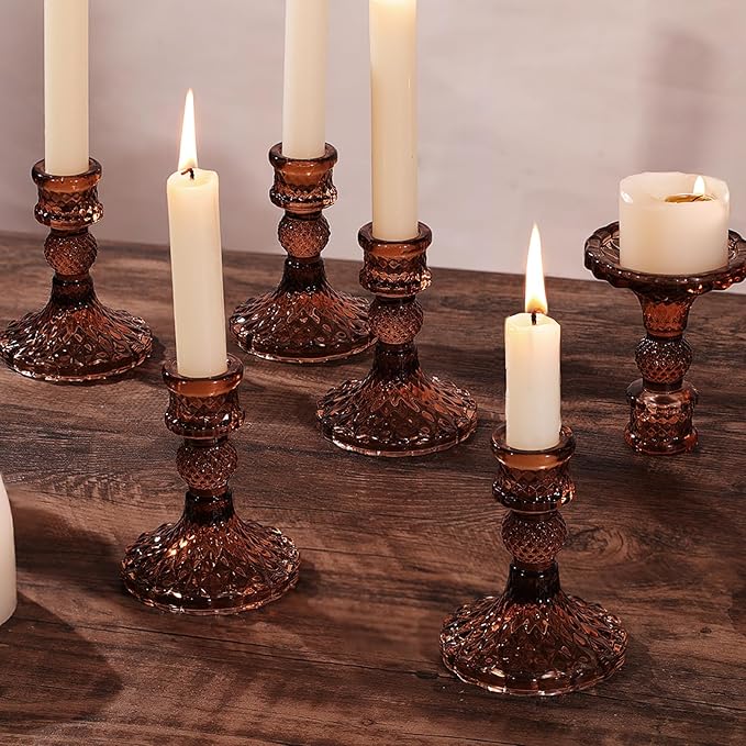 12Pcs Amber Candlestick Holders Set- 4" H Taper Candle Holders Bulk, Glass Candle Holders for Wedding, Party, Fall Dinner Table Centerpieces, Festival Gifts & Windowsill Decor-CasaMuseHome