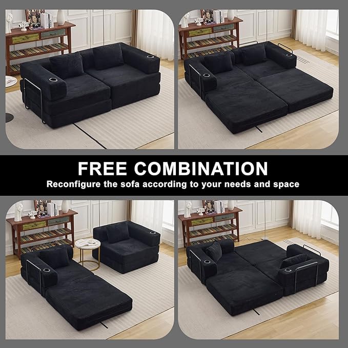 78" W Loveseat Sofa, 4 in 1 Convertible Floor Sofa Bed, Boneless Cloud Couch with Cup Holder, Fold Out Floor Couch, Loveseat Recliner Sleeper for Living Room Bedroom Lounge(Corduroy, White)-CasaMuseHome