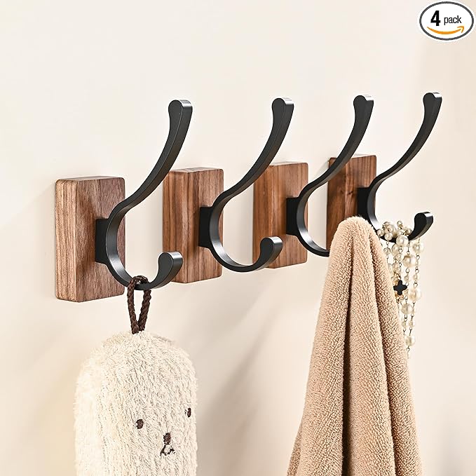 4 Pack Wooden Wall Hooks for Hanging, Adhesive Mounted & Wall Mount Nature Wood Coat Hooks for Towel Clothes Blanket Hat Backpack Robe Nursery Door Board Entryway Key Holder-CasaMuseHome