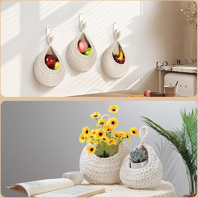 AARAINBOW Boho Wall Hanging Baskets for Kitchen Storage, Fruit Woven Wall Basket 9 Pcs, Hanging Vegetable and Onion Storage with 24 Hooks （White）-CasaMuseHome