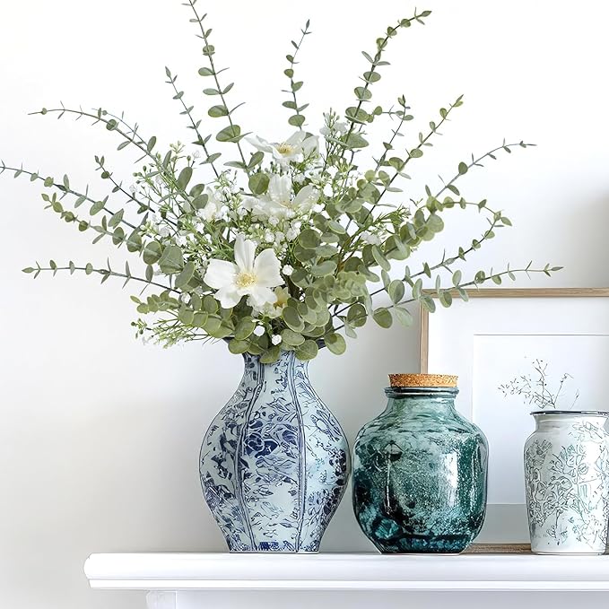 48Pcs Faux Eucalyptus Stems, 15" Artificial Eucalyptus Plants with White Frosted Coating, Fake Eucalyptus Decor Plastic Greenery Leaves for Wedding Bouquets Home Decor DIY Floral Arrangements-CasaMuseHome