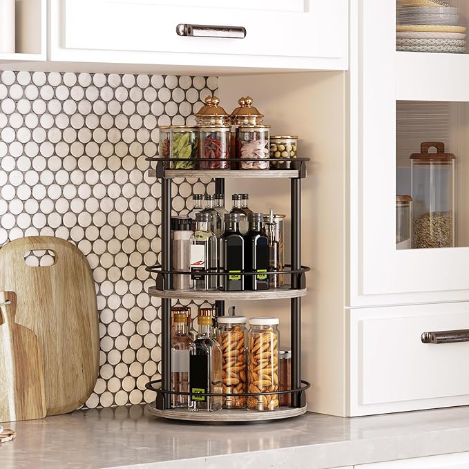 3-Tier Lazy Susan Organizer, Rotating Spice Rack, Spinning Organizer, Industrial Turntable Spice Rack Organizer for Cabinet, Kitchen Countertop, Greige and Black SR23BG-CasaMuseHome