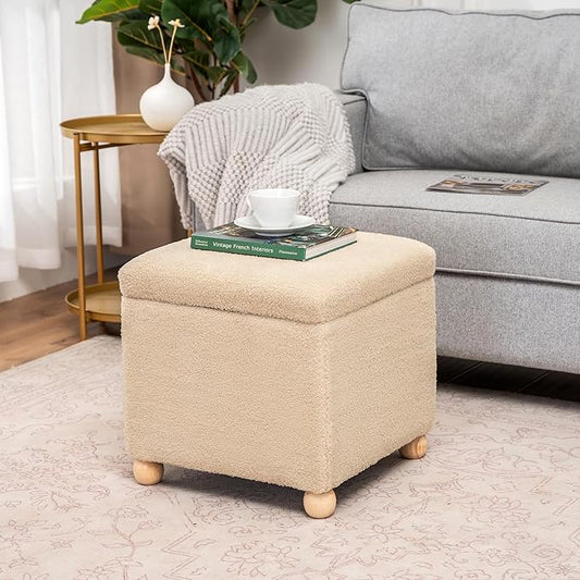 Adeco 17 Inch Soft Oatmeal Cube Ottoman Storage, Teddy Velvet Chair Foot Stools, Upholstered Vanity Stool with Hinged Lid, Solid Round Wood Legs-CasaMuseHome
