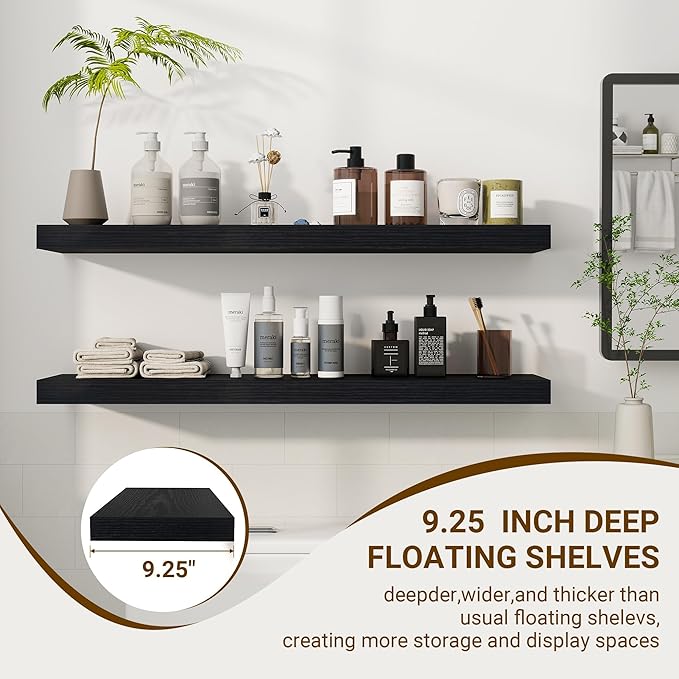 36 Inch Floating Shelves, 36"x9.25"x1.5" Inch Deep Floating Shelves for Wall, Wooden Shelves for Bathroom, Bedroom, Living Room, Black-CasaMuseHome