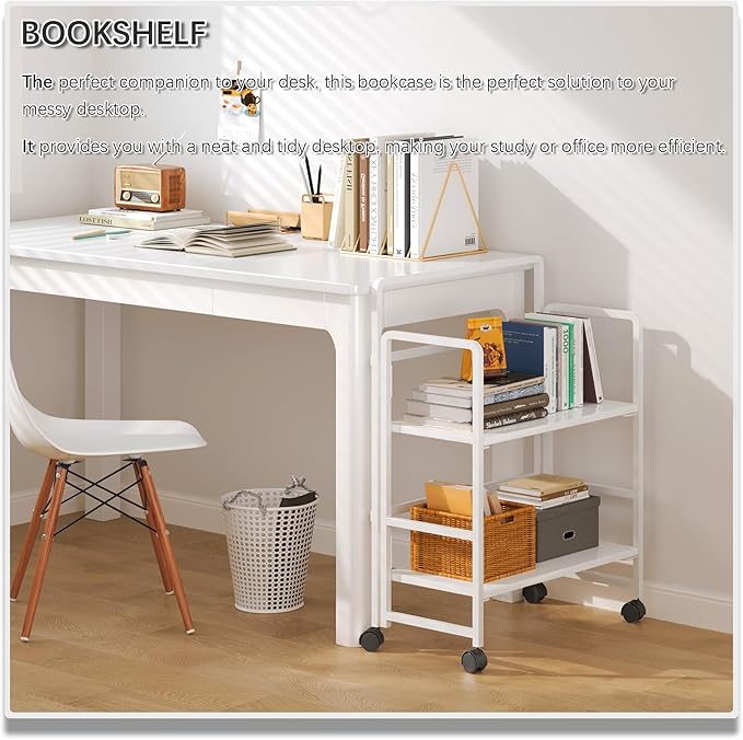 4NM 2 Tiers No-Assembly Folding Bookshelf with Wheels, Portable Rolling Storage Bookcase & Compact Side Table for Living Room, Bedroom, Kitchen, Bathroom (All White)-CasaMuseHome
