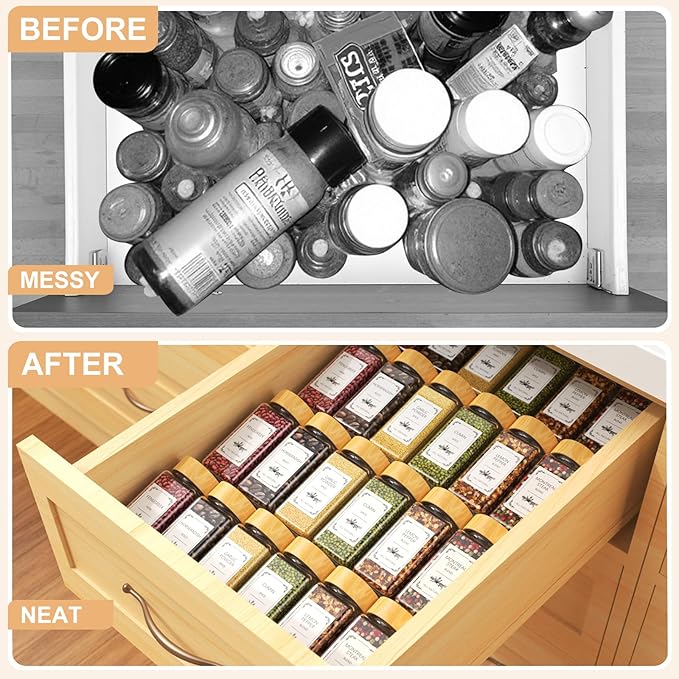 24 Spice Jars with Spice Drawer Organizer, 355 Spice Labels, 4 Pack Expandable From 11'' to 21'' Acrylic Spice Rack for Drawer, Seasoning Containers Storage Organization for Kitchen Cabinet Countertop-CasaMuseHome