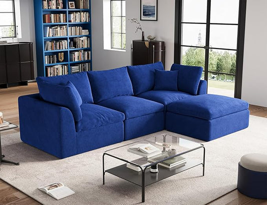 110" Cloud Sectional Couches for Living Room, Boneless L-Shape Couch with Ottoman, 3 Seater Modular Sectional Sofa, Blue-CasaMuseHome