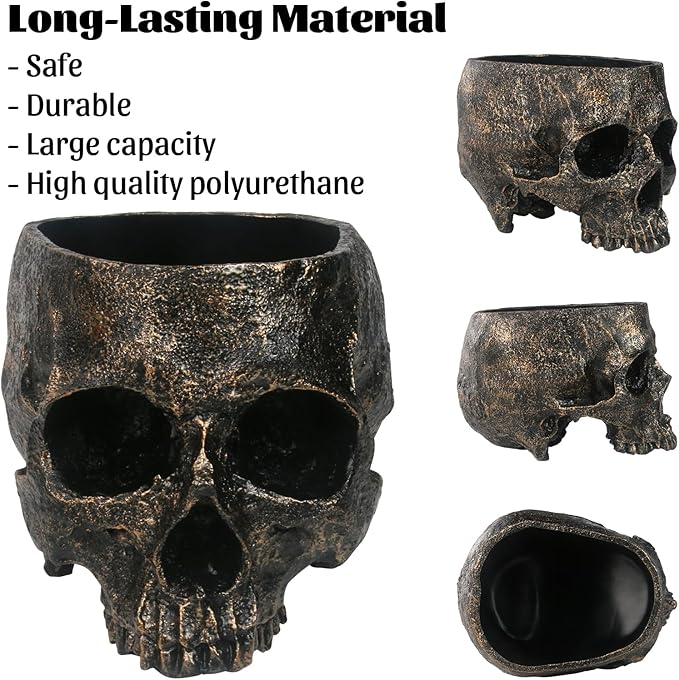 7lb Capacity Extra Large Halloween Skull Candy Dish - Deep Skull Head Halloween Candy Bowl Holder Artificial Resin Skulls Decor Indoor Outdoor Table Centerpieces Flower Pot Plant Office Pen Holder-CasaMuseHome
