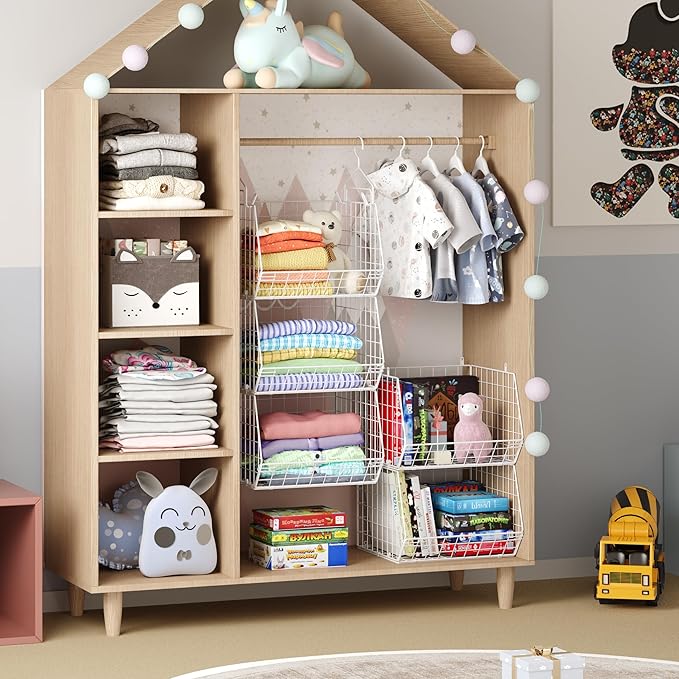 5 Tier Closet Hanging Organizer, Clothes Hanging Shelves with 4 Hanging Hooks 5 S Hooks, Wire Storage Basket Bins, for Clothing Sweaters Shoes Handbags Clutches Accessories Patent Design-White-CasaMuseHome