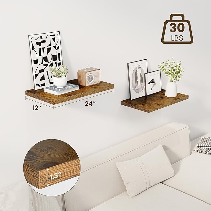 24" Floating Shelves for Wall, 12" Deep Slim Rustic Brown Floating Shelves, Wall-Mounted Shelves for Bedroom, Living Room, Kitchen, Bathroom - Set of 2-CasaMuseHome