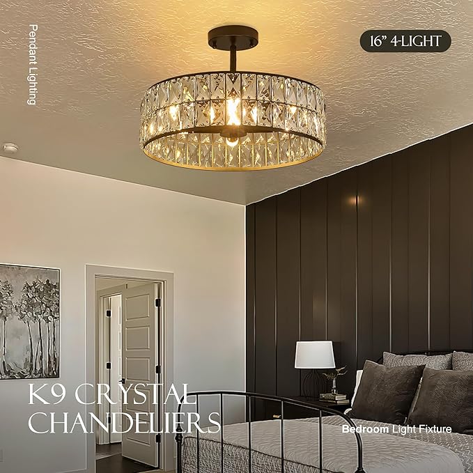 16” 4-Light Modern Crystal Chandeliers Black Dinning Room Light Fixture with Two Rods, Round Pendant Light Kitchen Island Chandelier, Flush Mount Ceiling Light for Living Room Entryway-CasaMuseHome