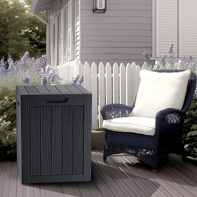28 Gallon Double-Wall Resin Deck Box - Lockable Waterproof Outdoor Storage Box, 151lbs Capacity & Doubles as Seating for Patio Furniture - Garden Tools, Pool Accessories (Black)-CasaMuseHome