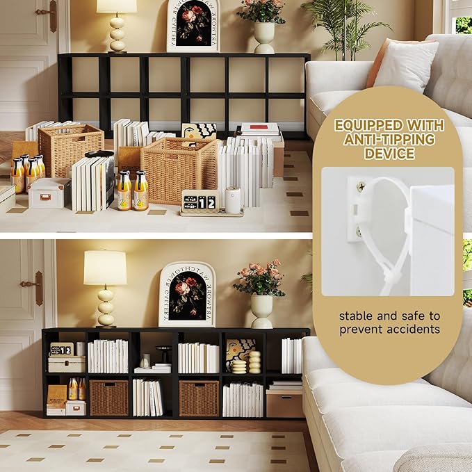 6 Cube Storage Organizer, Black Bookshelf with Storage, 2 Tier Storage Cubes, Freestanding Storage Organizer with Shelves for Living Room, Study-CasaMuseHome