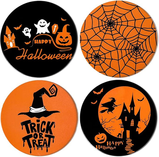 4Pcs Halloween Coasters Orange Black Round Ceramic Coaster Trick or Treat Heat-Resistant Cup Mats for Wooden Table Protection Home Party Supplies-CasaMuseHome
