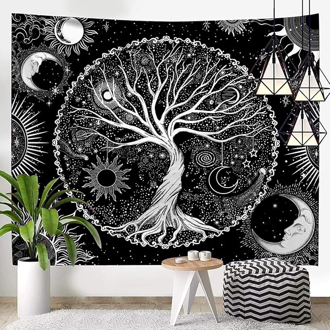 AACKart Tree of Life Tapestry for Bedroom Aesthetic Room Decor-Black and White Spiritual Tree Tapestry Wall Hanging with Sun Moon Star 78.7×59.1 inches-CasaMuseHome