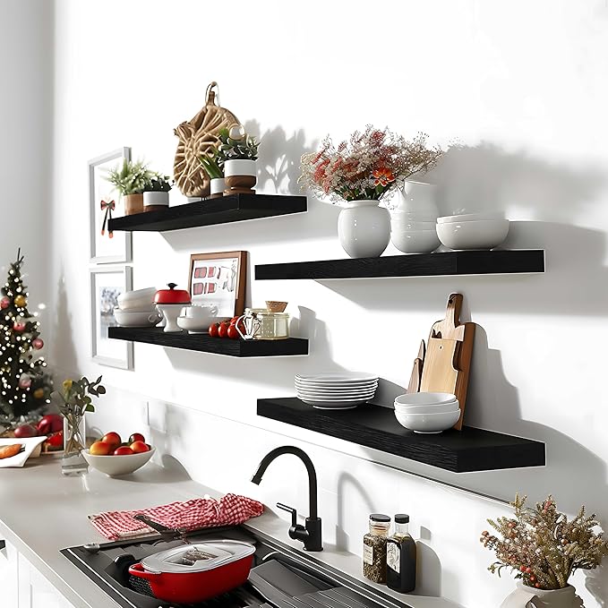 24 Inch Floating Shelves for Wall Rustic Black Wood Wall Shelves for Bedroom Set of 4-CasaMuseHome