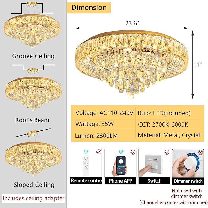 23.6'' Modern Crystal Chandeliers LED Dimmable Flush Mount Ceiling Chandeliers for Living Room Entrance Foyer Bedroom Gold-CasaMuseHome